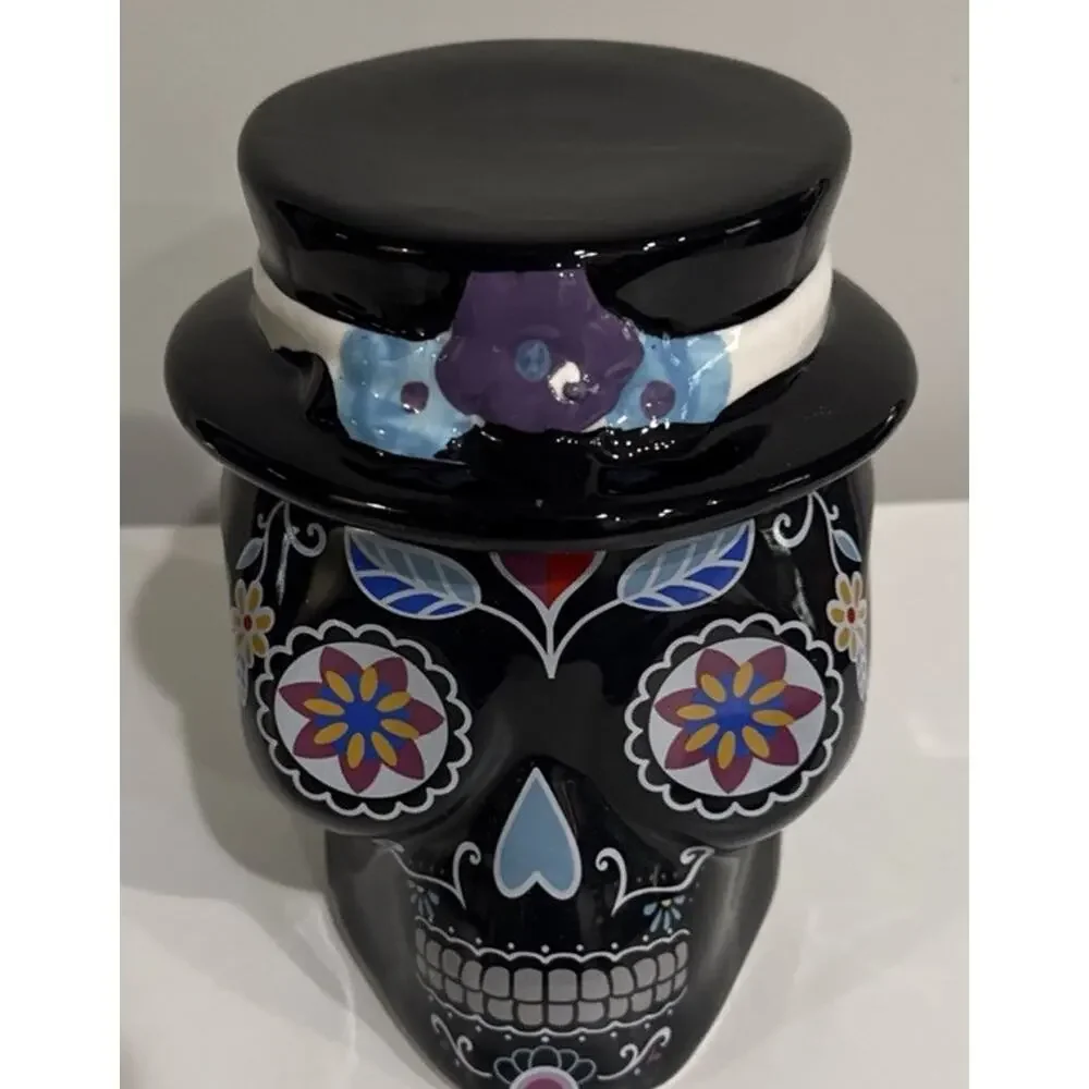 Dia De Los Muertos Sugar Skull Ceramic Canister Jar w/ Lid Top Hat Unused